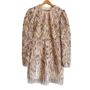 Dress the Population Avena Sequin Mini Dress Long Sleeve Fringe Hem Ivory Multi